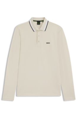 Cotton-piqu&eacute; polo shirt with contrast logo, Natural