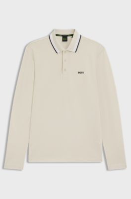 Long-sleeved cotton piqu&eacute; polo shirt, Natural