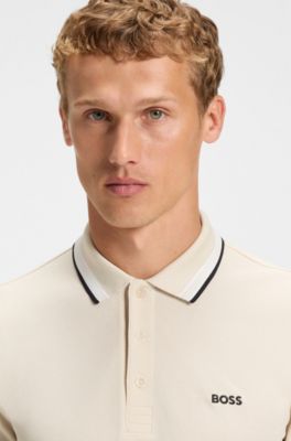 Long-sleeved cotton piqu&eacute; polo shirt, Natural