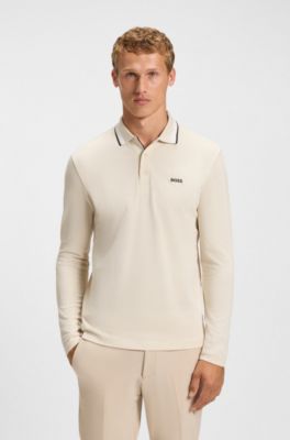 Long-sleeved cotton piqu&eacute; polo shirt, Natural