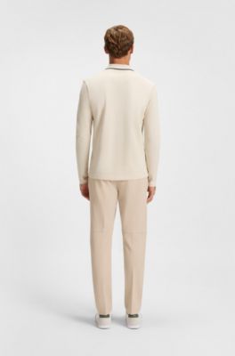 Long-sleeved cotton piqu&eacute; polo shirt, Natural