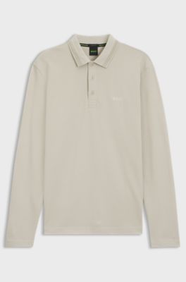 Long-sleeved cotton piqu&eacute; polo shirt, Light Beige