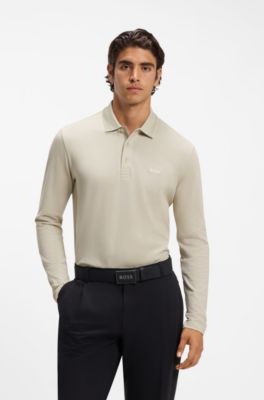Long-sleeved cotton piqu&eacute; polo shirt, Light Beige
