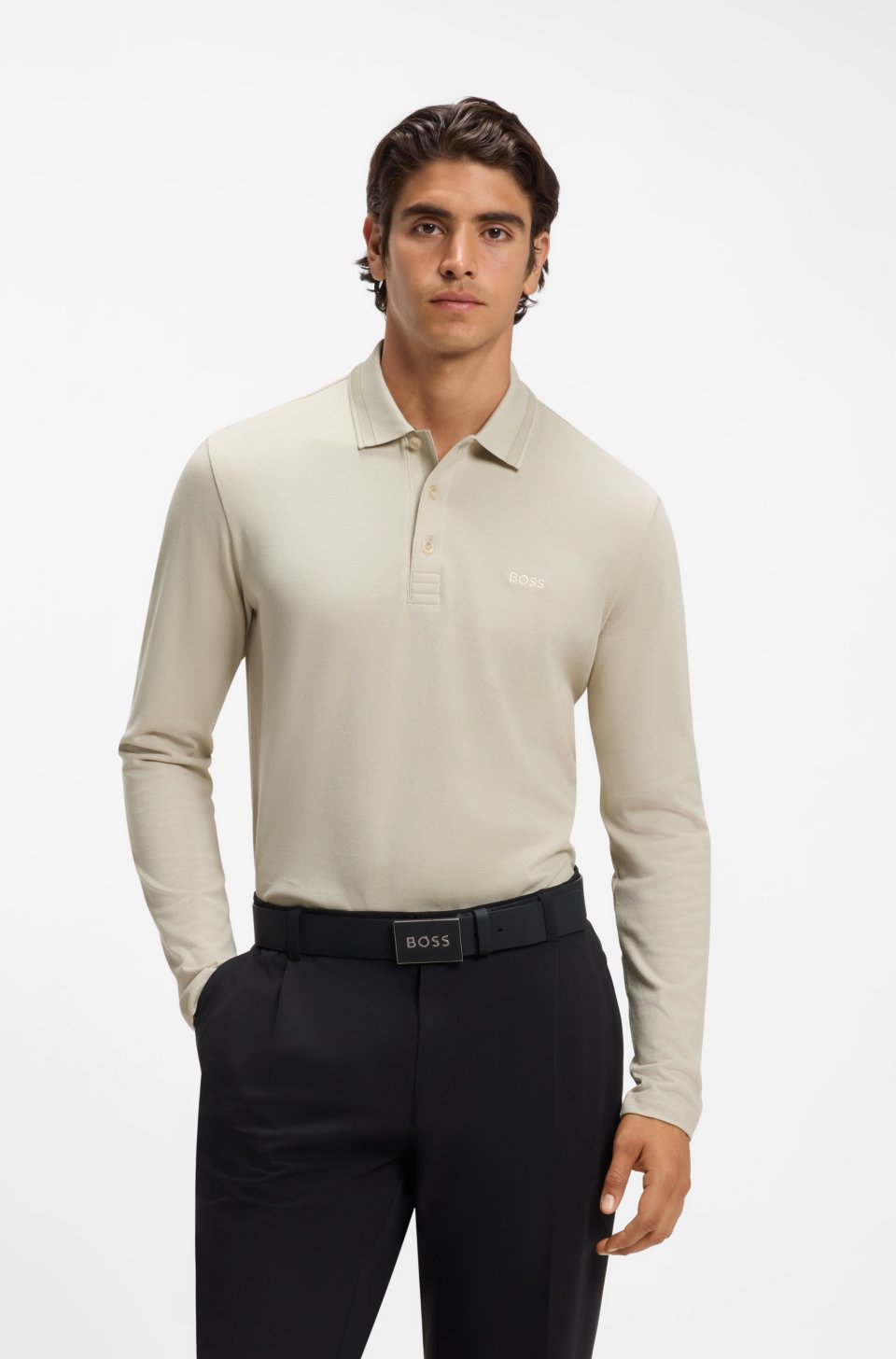 Long-sleeved cotton piqué polo shirt