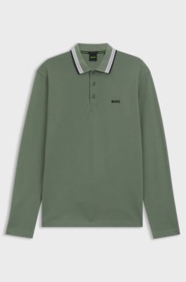 Long-sleeved cotton piqu&eacute; polo shirt, Green