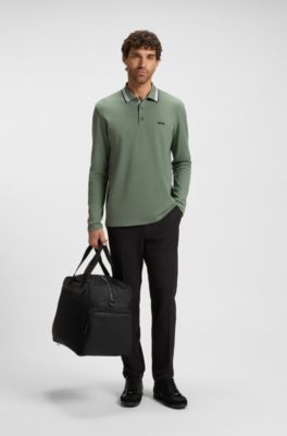 Long-sleeved cotton piqu&eacute; polo shirt, Green