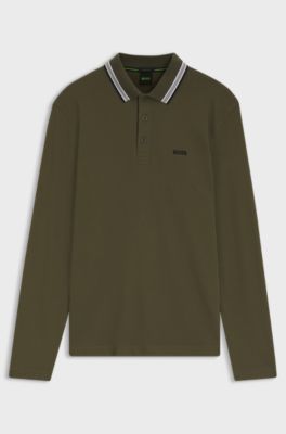 Long-sleeved cotton piqu&eacute; polo shirt, Olive