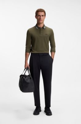Long-sleeved cotton piqu&eacute; polo shirt, Olive