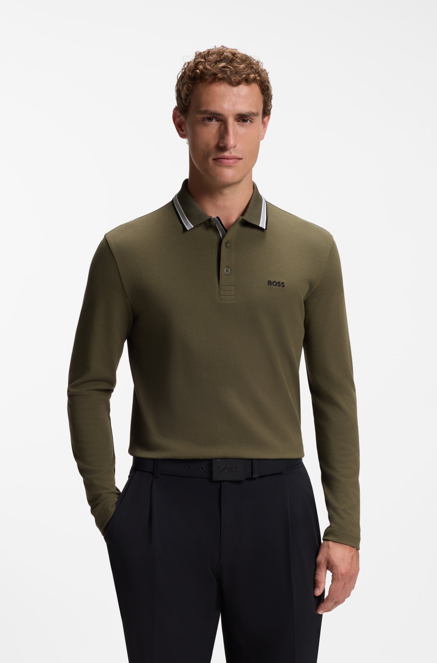 Boss Long-sleeved cotton piqué polo shirt pikéer herr