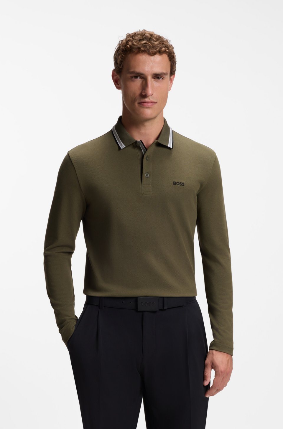 Long-sleeved cotton piqué polo shirt