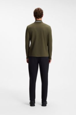 Long-sleeved cotton piqu&eacute; polo shirt, Olive