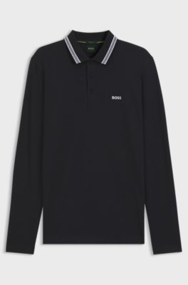 Polo a maniche lunghe in piqu&eacute; di cotone, Blu scuro