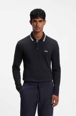 Polo a maniche lunghe in piqu&eacute; di cotone, Blu scuro