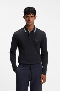 Polo &agrave; manches longues en piqu&eacute; de coton, Bleu fonc&eacute;