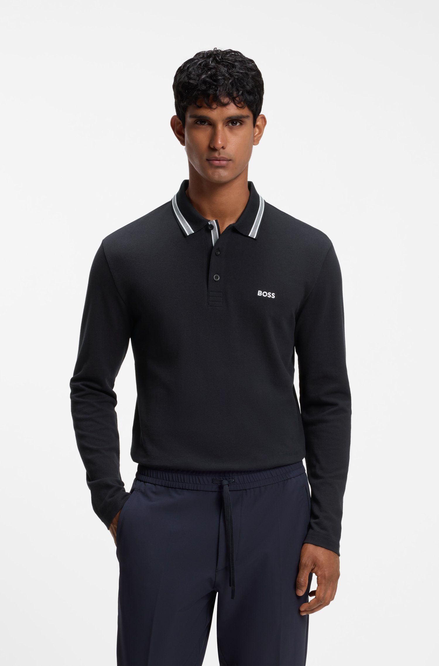 Boss Long-sleeved cotton piqué polo shirt pikéer herr