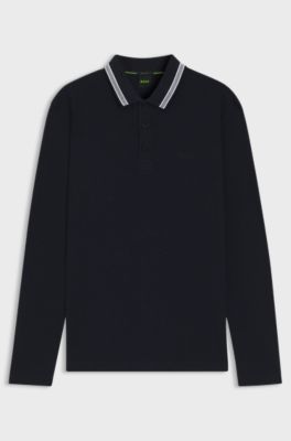Long-sleeved cotton piqu&eacute; polo shirt, Dark Blue