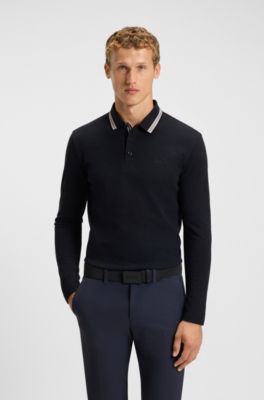 Long-sleeved cotton piqu&eacute; polo shirt, Dark Blue