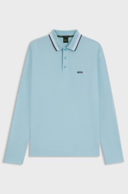 Long-sleeved cotton piqu&eacute; polo shirt, Light Blue