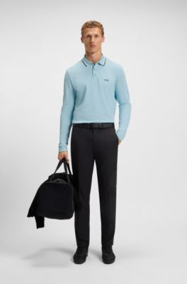 Long-sleeved cotton piqu&eacute; polo shirt, Light Blue