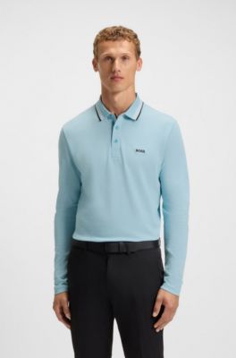 Long-sleeved cotton piqu&eacute; polo shirt, Light Blue