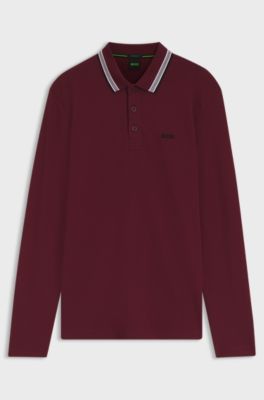 Long-sleeved cotton piqu&eacute; polo shirt, Dark Red