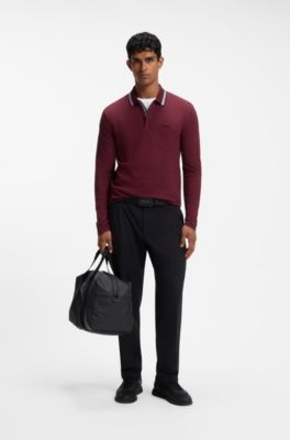 Long-sleeved cotton piqu&eacute; polo shirt, Dark Red