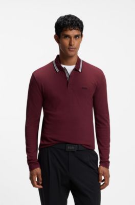 Long-sleeved cotton piqu&eacute; polo shirt, Dark Red
