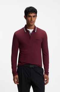 Long-sleeved cotton piqu&eacute; polo shirt, Dark Red