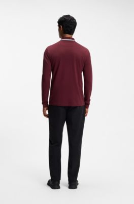 Long-sleeved cotton piqu&eacute; polo shirt, Dark Red