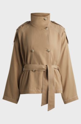 Belted jacket with stand collar and contrast stitching, Beige