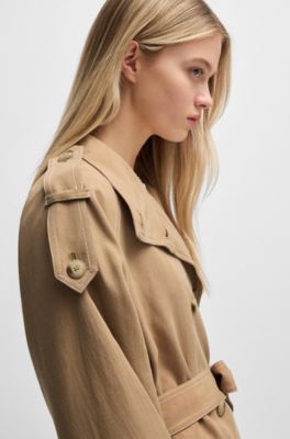 Belted jacket with stand collar and contrast stitching, Beige