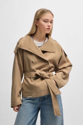 Belted jacket with stand collar and contrast stitching, Beige