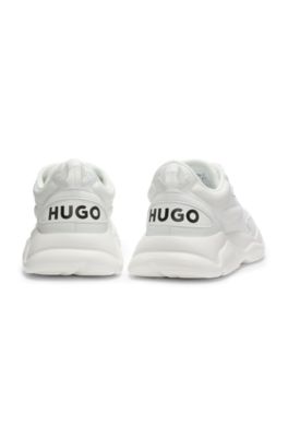 Mixed-material lace-up trainers with counter logo, White