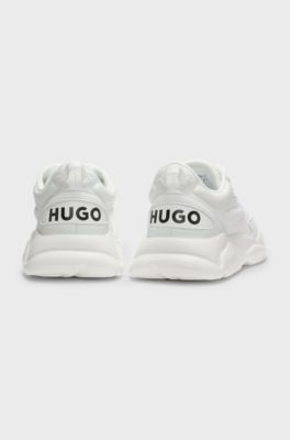 Mixed-material lace-up trainers with counter logo, White