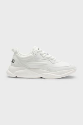 Mixed-material lace-up trainers with counter logo, White