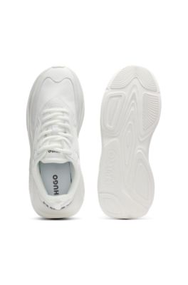 Mixed-material lace-up trainers with counter logo, White