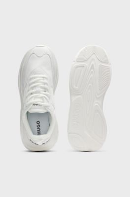 Mixed-material lace-up trainers with counter logo, White