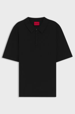 Strick-Poloshirt mit verdeckter Knopfleiste, Schwarz