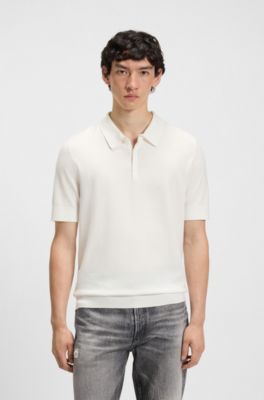 Knit polo with covered placket, White