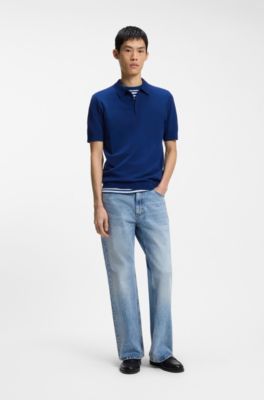 Strick-Poloshirt mit verdeckter Knopfleiste, Blau