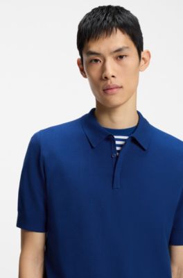 Strick-Poloshirt mit verdeckter Knopfleiste, Blau