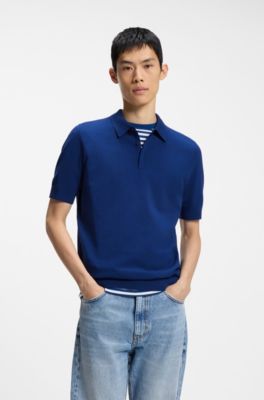 Strick-Poloshirt mit verdeckter Knopfleiste, Blau