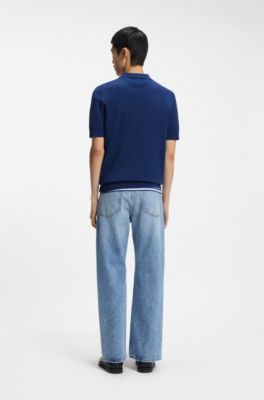Strick-Poloshirt mit verdeckter Knopfleiste, Blau