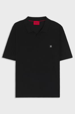 Cotton-blend knit polo with Johnny collar, Black