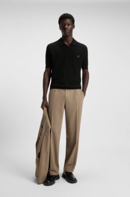 Cotton-blend knit polo with Johnny collar, Black