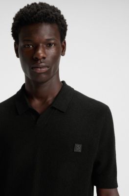 Cotton-blend knit polo with Johnny collar, Black