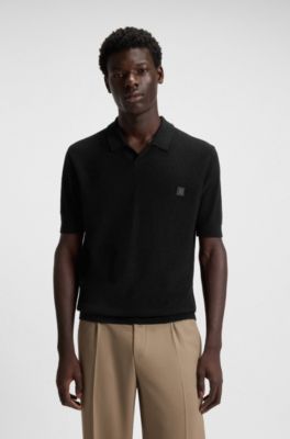 Cotton-blend knit polo with Johnny collar, Black