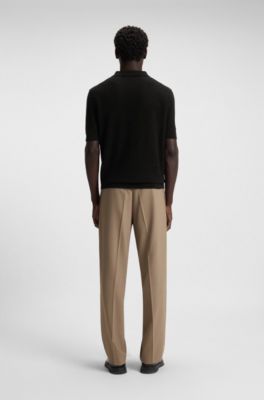 Cotton-blend knit polo with Johnny collar, Black