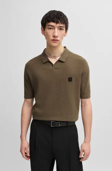 Cotton-blend knit polo with Johnny collar