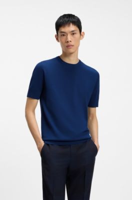 Slim-fit knitted sweater with short sleeves, Blue